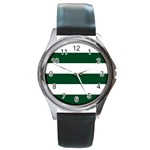 Horizontal Stripes - White and Forest Green Round Metal Watch