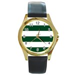 Horizontal Stripes - White and Forest Green Round Gold Metal Watch