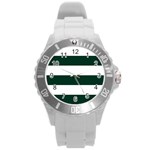 Horizontal Stripes - White and Deep Green Round Plastic Sport Watch (L)