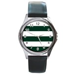 Horizontal Stripes - White and Deep Green Round Metal Watch