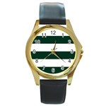 Horizontal Stripes - White and Deep Green Round Gold Metal Watch