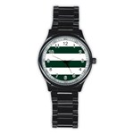 Horizontal Stripes - White and Deep Green Stainless Steel Round Watch