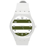Horizontal Stripes - White and Army Green Round Plastic Sport Watch (M)