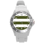 Horizontal Stripes - White and Army Green Round Plastic Sport Watch (L)