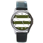 Horizontal Stripes - White and Army Green Round Metal Watch