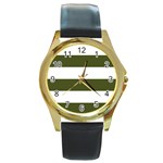 Horizontal Stripes - White and Army Green Round Gold Metal Watch