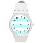 Horizontal Stripes - White and Celeste Cyan Round Plastic Sport Watch (M)
