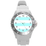 Horizontal Stripes - White and Celeste Cyan Round Plastic Sport Watch (L)