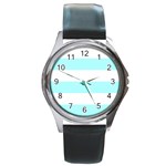 Horizontal Stripes - White and Celeste Cyan Round Metal Watch