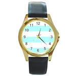 Horizontal Stripes - White and Celeste Cyan Round Gold Metal Watch