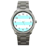 Horizontal Stripes - White and Celeste Cyan Sport Metal Watch