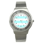 Horizontal Stripes - White and Celeste Cyan Stainless Steel Watch
