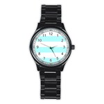 Horizontal Stripes - White and Celeste Cyan Stainless Steel Round Watch