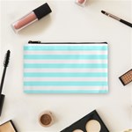 Horizontal Stripes - White and Celeste Cyan Cosmetic Bag (S)