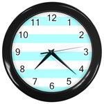 Horizontal Stripes - White and Celeste Cyan Wall Clock (Black)