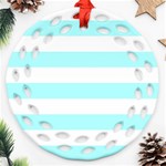 Horizontal Stripes - White and Celeste Cyan Round Filigree Ornament (Two Sides)