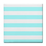 Horizontal Stripes - White and Celeste Cyan Tile Coaster