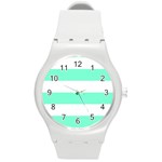 Horizontal Stripes - White and Aquamarine Round Plastic Sport Watch (M)