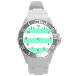 Horizontal Stripes - White and Aquamarine Round Plastic Sport Watch (L)