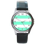 Horizontal Stripes - White and Aquamarine Round Metal Watch