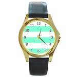 Horizontal Stripes - White and Aquamarine Round Gold Metal Watch