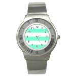 Horizontal Stripes - White and Aquamarine Stainless Steel Watch