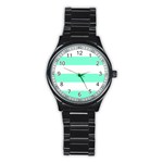Horizontal Stripes - White and Aquamarine Stainless Steel Round Watch