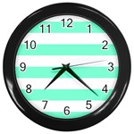 Horizontal Stripes - White and Aquamarine Wall Clock (Black)