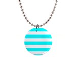 Horizontal Stripes - White and Aqua Cyan 1  Button Necklace