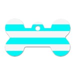 Horizontal Stripes - White and Aqua Cyan Dog Tag Bone (Two Sides)
