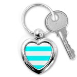 Horizontal Stripes - White and Aqua Cyan Key Chain (Heart)