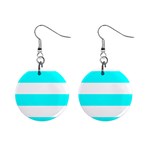 Horizontal Stripes - White and Aqua Cyan 1  Button Earrings