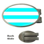 Horizontal Stripes - White and Aqua Cyan Money Clip (Oval)