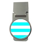 Horizontal Stripes - White and Aqua Cyan Money Clip (Round)