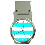 Horizontal Stripes - White and Aqua Cyan Money Clip Watch
