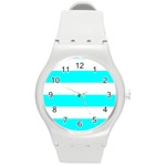 Horizontal Stripes - White and Aqua Cyan Round Plastic Sport Watch (M)