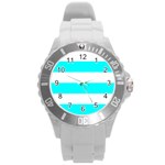 Horizontal Stripes - White and Aqua Cyan Round Plastic Sport Watch (L)