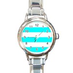 Horizontal Stripes - White and Aqua Cyan Round Italian Charm Watch