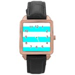 Horizontal Stripes - White and Aqua Cyan Rose Gold Leather Watch