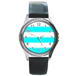 Horizontal Stripes - White and Aqua Cyan Round Metal Watch