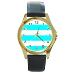 Horizontal Stripes - White and Aqua Cyan Round Gold Metal Watch