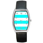 Horizontal Stripes - White and Aqua Cyan Barrel Style Metal Watch