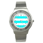 Horizontal Stripes - White and Aqua Cyan Stainless Steel Watch