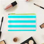 Horizontal Stripes - White and Aqua Cyan Canvas Cosmetic Bag (XS)