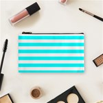 Horizontal Stripes - White and Aqua Cyan Cosmetic Bag (S)