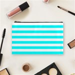 Horizontal Stripes - White and Aqua Cyan Cosmetic Bag (M)