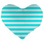 Horizontal Stripes - White and Aqua Cyan Large 19  Premium Flano Heart Shape Cushion