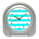 Horizontal Stripes - White and Aqua Cyan Desk Alarm Clock