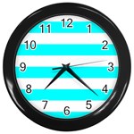 Horizontal Stripes - White and Aqua Cyan Wall Clock (Black)
