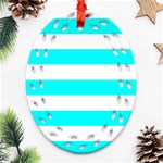 Horizontal Stripes - White and Aqua Cyan Oval Filigree Ornament (Two Sides)